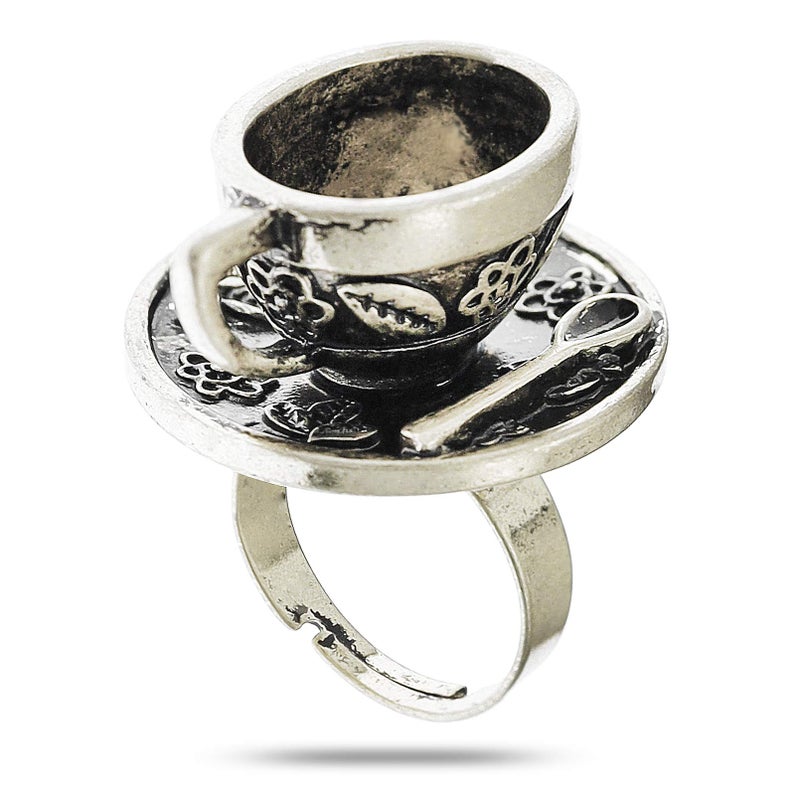 RechicGu Antique Silver Vintage Fairytale 3D Tea Cup Saucer Ring Party Fairy Tale Hatter Wonderland Cosplay Fancy Dress - Image 1